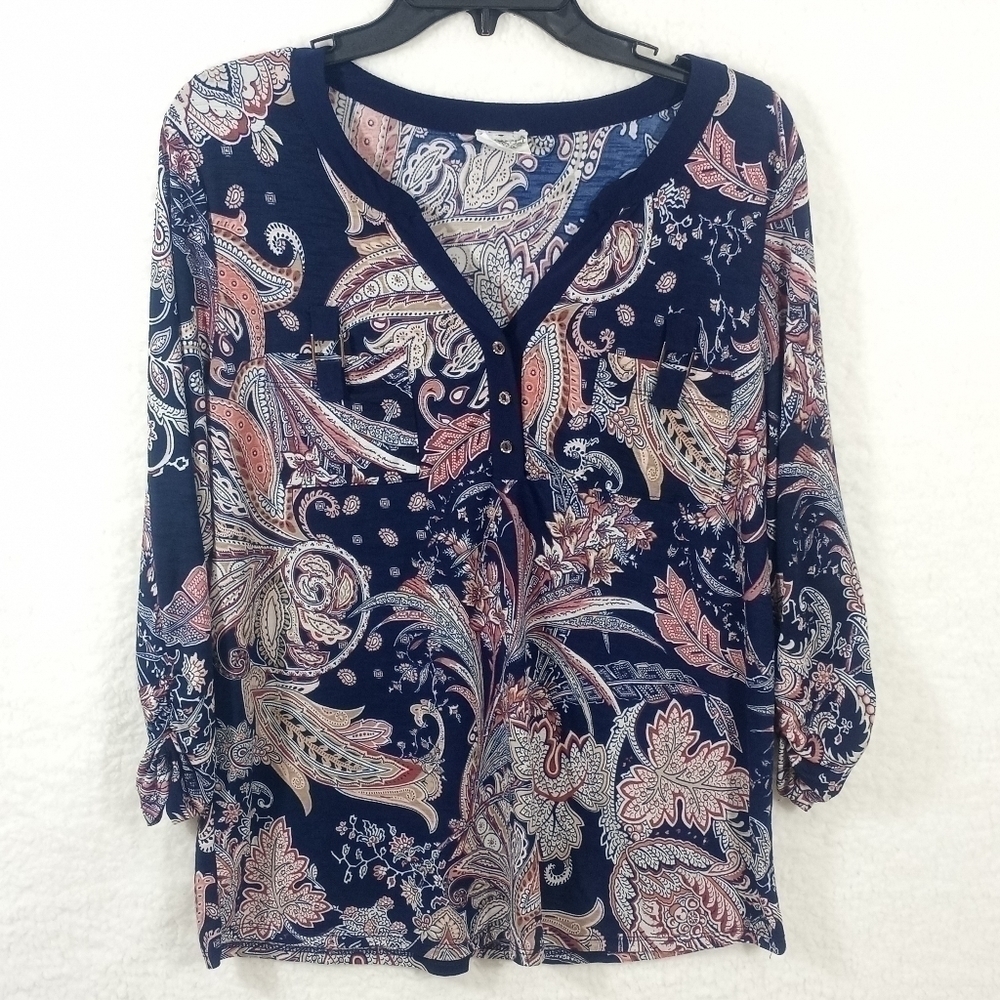 LATE August Women's Paisley Floral V Neck Blouse Size L